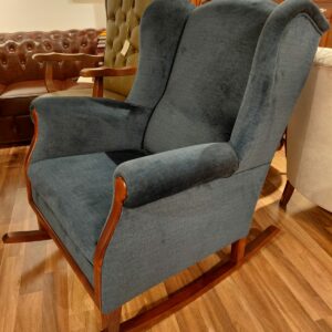 Fotel Bujany Berger, drewno średni orzech, miękka niebieska tkanina (1)