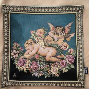 poduszka z motywem aniołków gobelinowa, tył z tkaniny welurowej zielone