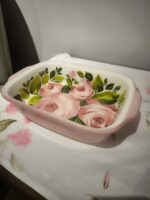 Taca Rose prostokątna, głęboka, rózowa na zewnątrz wewnątrz róże i zielone liście