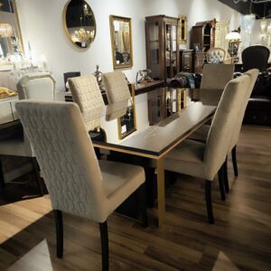 Stół Essenza i 6 krzeseł Poesia, stół brązowy marmur ze zlotymi nogami, krzesła beżowe obicie, brązowe nogi (5)