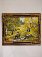 Obraz olejny jelenie w lesie rama drewniana (2)